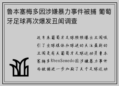 鲁本塞梅多因涉嫌暴力事件被捕 葡萄牙足球再次爆发丑闻调查