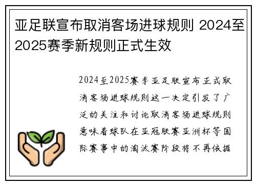 亚足联宣布取消客场进球规则 2024至2025赛季新规则正式生效